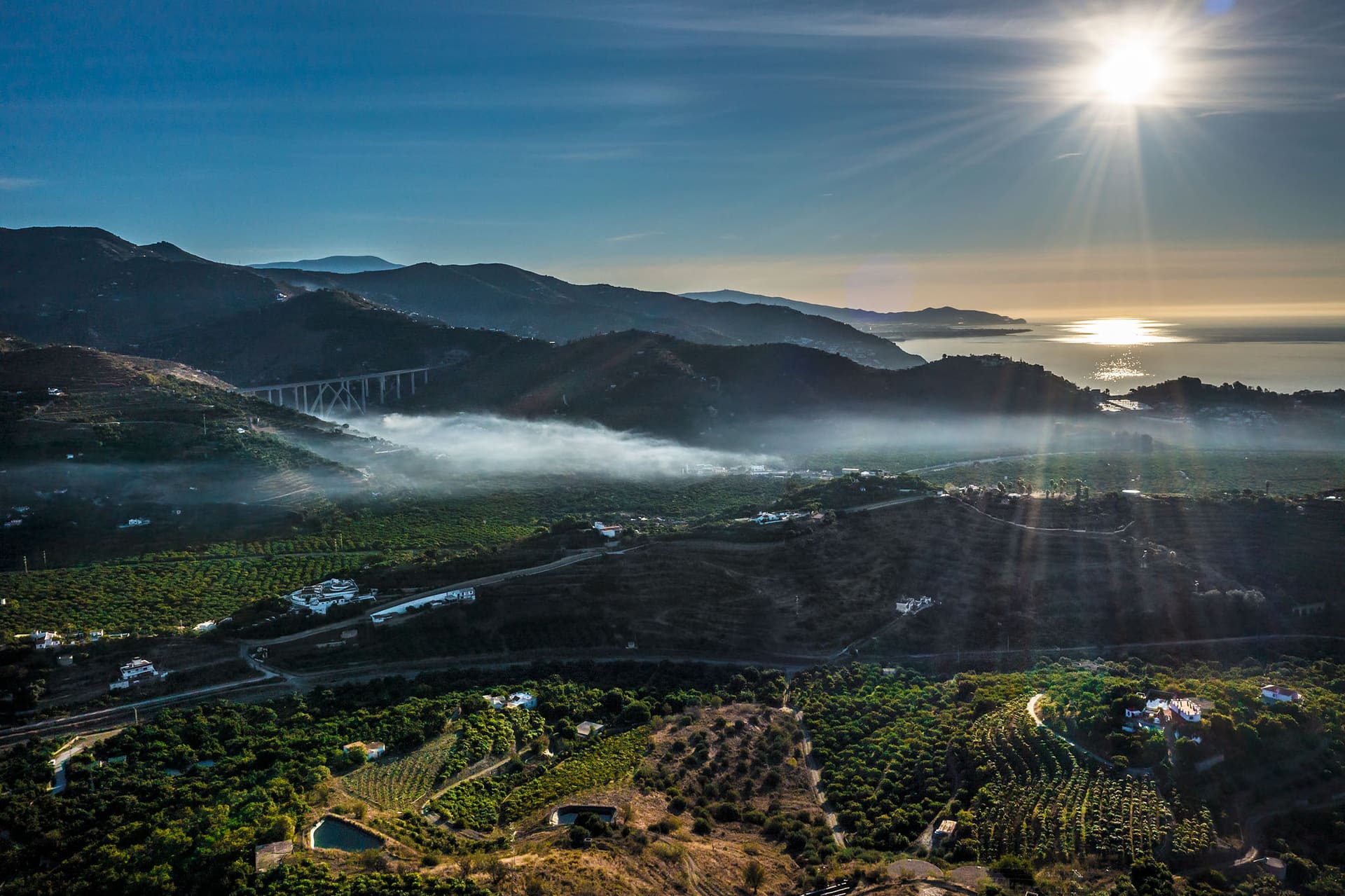 Morning mist settling in the valley below the hill, sun breaking over the terraces.